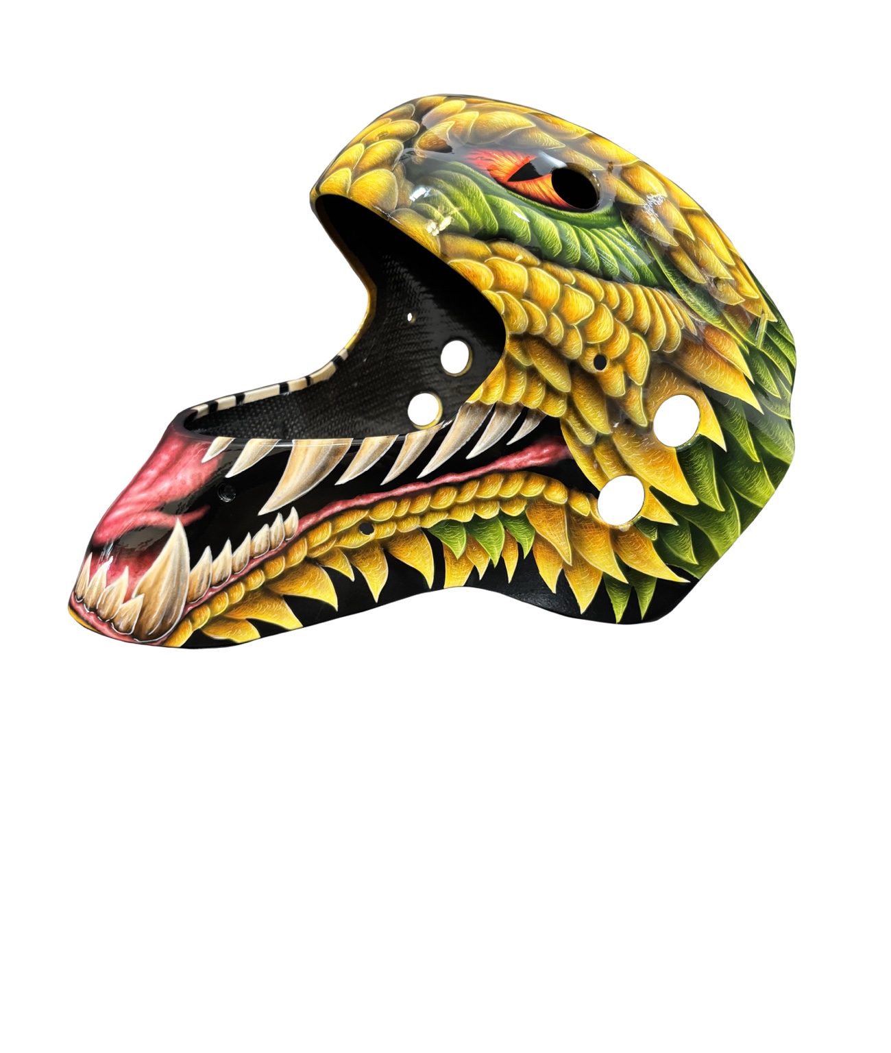 Custom-painted yellow and green dragon goalie mask